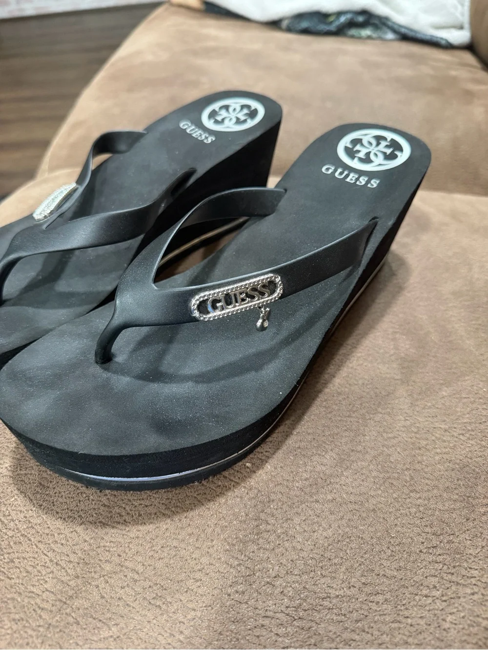 Guess Black Wedge Flip Sandals with Silver Logo Accent